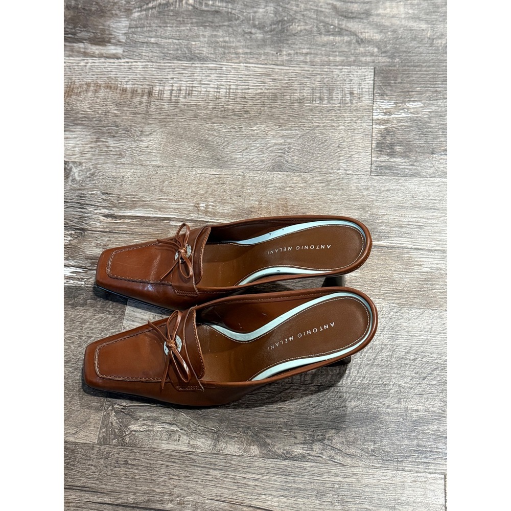 Antonio Melani Brown Leather Square Toe Loafer Mules Kitten Heel Bow Size 7.5M - Picture 2 of 7
